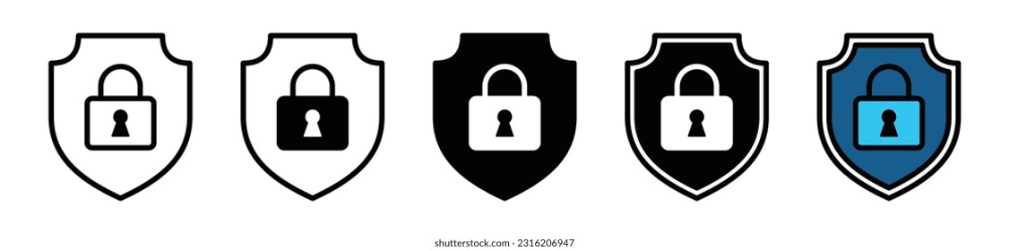 Iconos del escudo de seguridad configurados. Protector de seguridad con símbolo de icono de candado en línea, plano y color sobre fondo blanco con trazo editable para aplicación y sitio web. Seguro, seguridad. Ilustración del vector 