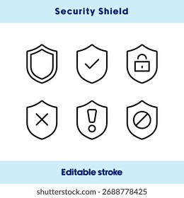 Security Shield Icons Set. Protection, Privacy, Safety Symbols in Line Style. Editable line icon set