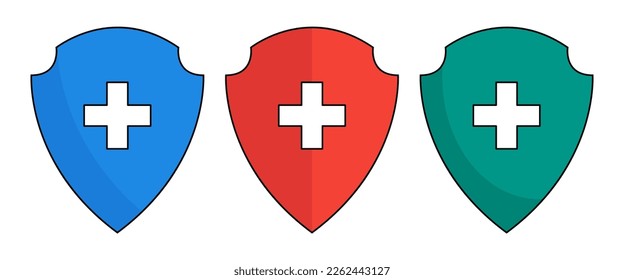 Sicherheitsschild-Symbole gesetzt, Schutzschirme-Logos. Sicherheitshilfen Vektorgrafik einzeln auf weißem Hintergrund.
