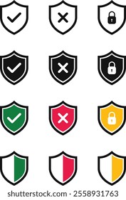 Security shield icons: Set of safety shield symbols featuring check marks, padlocks, and access-approved or denied indicators. Vector illustration.
