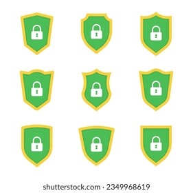 Iconos de protección de seguridad establecidos, logotipos de pantallas de seguridad con casilla de verificación y bloqueo. Colección de signos de escudo. Símbolos del escudo de seguridad. Ilustración vectorial.