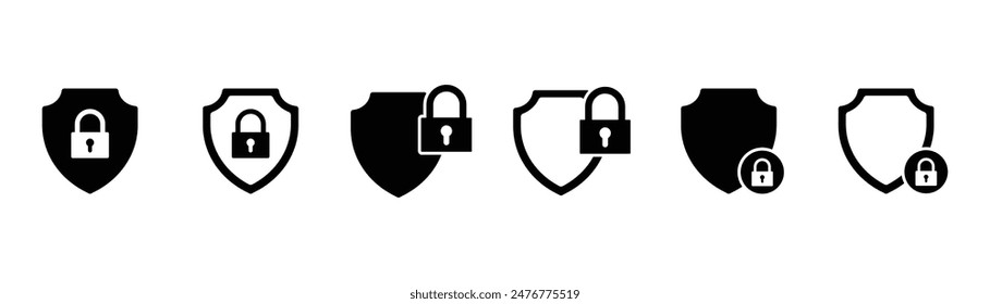 Security shield icons set. Security shields logotypes. Security shield symbols for apps and websites. Vector illustration