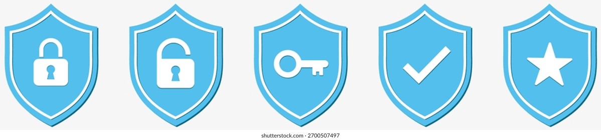 Security shield icons set showing lock, key, check and star symbols for protection, privacy, verification and trusted system use.
