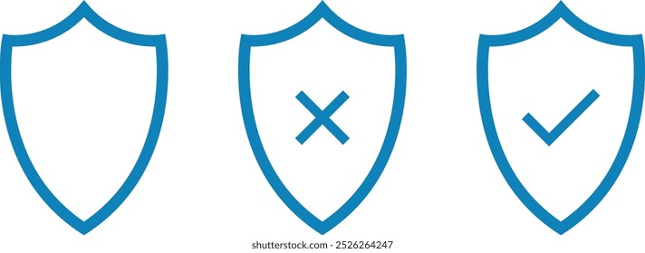 ícones de escudo de segurança, logotipos de escudos de segurança com marca de seleção. Ícone de proteção de escudo de segurança com símbolo de tique. Sinal de vetor de aprovação de proteção