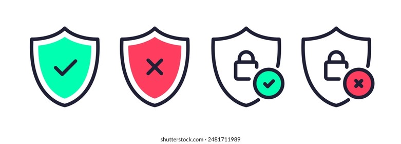 Security shield icons, security shields symbols with check mark and padlock. Safety shields icon set. Access approved and denied symbols. Vector illustration