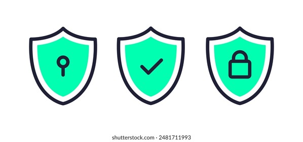 Security shield icons, security shields symbols with check mark, padlock and key hole. Safety shields icon set. Access approved symbols. Vector illustration