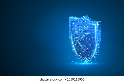 Security shield with Indian Rupee currency symbol abstract neon 3d illustration. Polygonal Vector business concept of safety, money protection. Low poly wireframe, triangles, lines, dots, polygons
