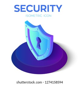 Security Shield Isometric Icon. 3D Isometric Security Shield Sign. Created For Mobile, Web, Decor, Print Products, Application. Perfect for web design, banner and presentation. Vector Illustration.
