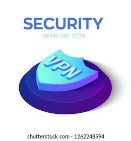 Security Shield Isometric Icon. VPN - virtual private network icon. 3D Isometric Security Shield Sign. Created For Mobile, Web, Decor, Print Products, Application. Vector Illustration.