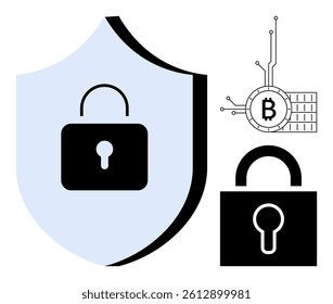 A security shield with keyhole lock, lock icon, and digital Bitcoin symbol linked to circuitry. Ideal for cybersecurity, digital currency, data protection, blockchain technology, online safety