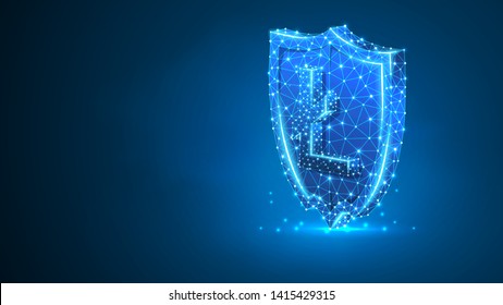 Security shield, Litecoin cryptocurrency sign. Polygonal business safety, money protection concept. Abstract, digital, wireframe low poly mesh vector blue neon 3d illustration. Triangle line dot