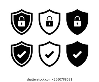 Security shield lock and shield check icon symbol set. Safety shield logos with check mark and padlock. Protection approve sign. Protect shield icons.