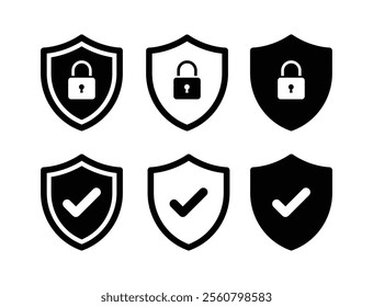 Security shield lock and shield check icon symbol set. Safety shield logos with check mark and padlock. Protection approve sign. Protect shield icons.