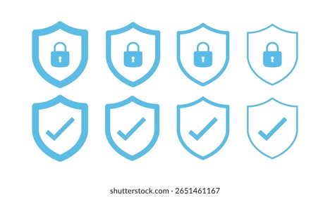 Security shield lock and shield check icon symbol set. Safety shield logos with check mark and padlock. Protection approve sign. Protect shield icons.
