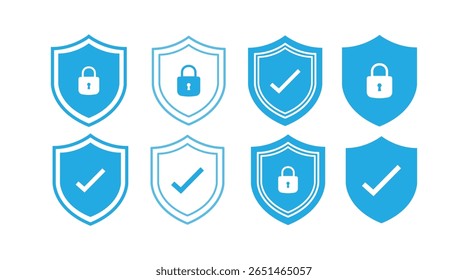 Security shield lock and shield check icon symbol set. Safety shield logos with check mark and padlock. Protection approve sign. Protect shield icons.
