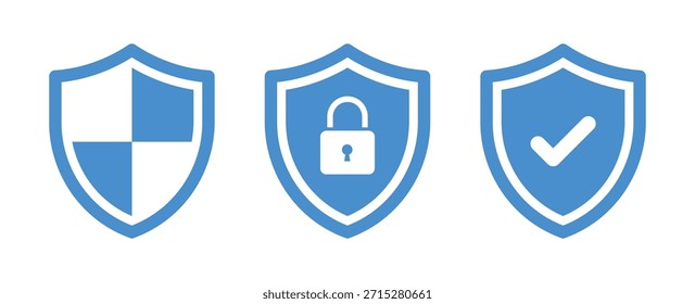 Conjunto de símbolos de bloqueo y comprobación del escudo de seguridad. Logotipos del escudo de seguridad con marca de verificación y candado. Signo de aprobación de protección. Proteger iconos de escudo.