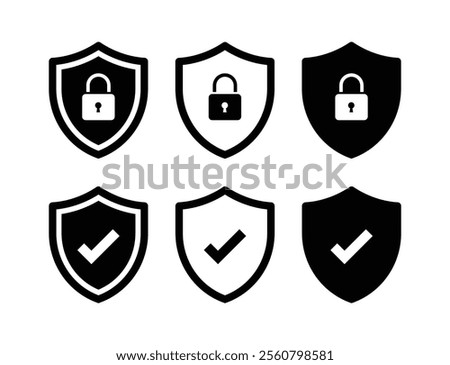 Security shield lock and shield check icon symbol set. Safety shield logos with check mark and padlock. Protection approve sign. Protect shield icons.