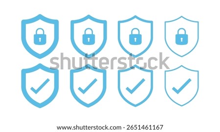 Security shield lock and shield check icon symbol set. Safety shield logos with check mark and padlock. Protection approve sign. Protect shield icons.
