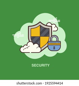 security with shield lock clouds on green background flat concept design