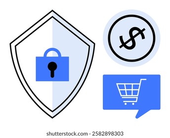 Security shield with a lock, dollar sign, and shopping cart in speech bubble suggest safety and e-commerce transactions. Ideal for online security, finance, retail, e-commerce, data protection