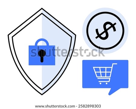 Security shield with a lock, dollar sign, and shopping cart in speech bubble suggest safety and e-commerce transactions. Ideal for online security, finance, retail, e-commerce, data protection