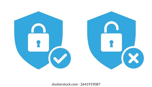 Security shield with Lock and unlock icon set in blue color. Shield icon for security, privacy, access denied and approved vector illustration.