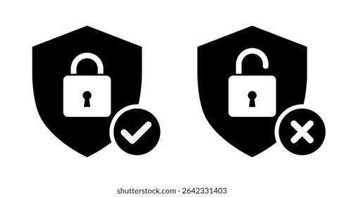 Security shield with Lock and unlock icon set in black and white color. Shield icon for security, privacy, access denied and approved vector illustration.