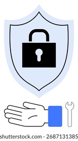 Escudo de seguridad con símbolo de candado cerrado, mano abierta y llave que enfatiza la protección y la Asistencia técnica. Ideal para ciberseguridad, privacidad, mantenimiento, servicios tecnológicos, seguridad, ayuda y confianza