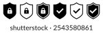 Security shield logo icon set, check mark padlock signs, vector logotypes of security shields, or protected safety symbols. Protection secure lock signs vector illustration.