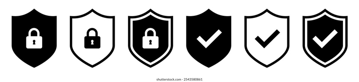 Security shield logo icon set, check mark padlock signs, vector logotypes of security shields, or protected safety symbols. Protection secure lock signs vector illustration.