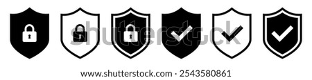 Security shield logo icon set, check mark padlock signs, vector logotypes of security shields, or protected safety symbols. Protection secure lock signs vector illustration.