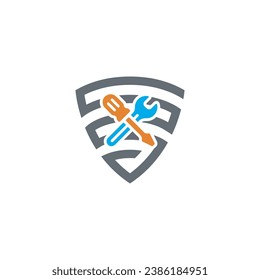 logotipo de escudo de seguridad, vector de herramientas de reparación
