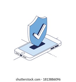 Security shield mobile app. Vector 3d line isometric, color web icons set, new flat style. Creative illustration, idea for infographics.