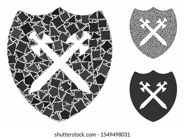 Security shield mosaic of uneven pieces in different sizes and shades, based on security shield icon. Vector uneven items are united into collage. Security shield icons collage with dotted pattern.