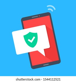 Security shield on mobile phone screen. Mobile security, information protection, antivirus app, privacy concepts. Smartphone and green shield with check mark. Flat design. Vector illustration