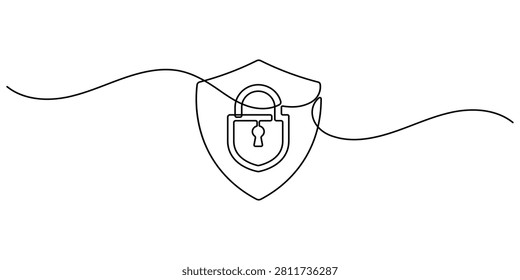 Security shield with padlock drawn in a single line art style