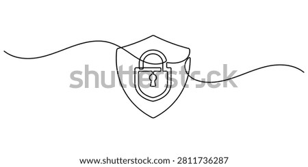Security shield with padlock drawn in a single line art style