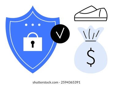 Security shield with padlock symbol, check mark icon, money bag with dollar sign, and casual sneakers. Ideal for financial security, cyber protection, assurance, safety, savings, economic stability