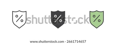 Security shield with percent sign icon set. Line, solid and filled outline style. Colorful protection finance and interest rate symbol vector icon.