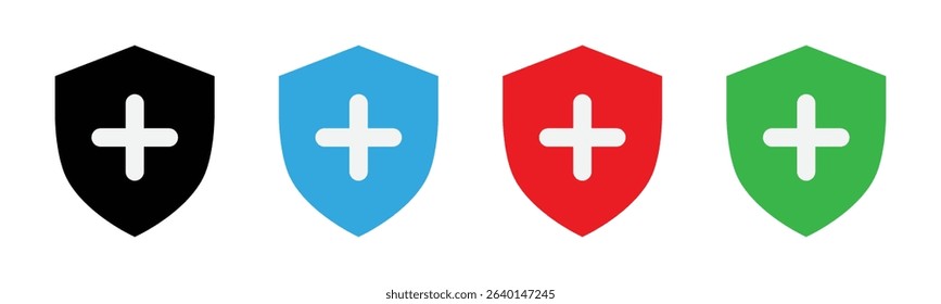 Security shield with plus mark icon set for protection and health care vector illustration in colorful style.