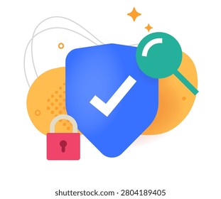 Security shield protection audit icon, cybersecurity digital safety verification concept, cyber authentication validation lock check, risk scanning guard defense web tech, antivirus safeguard
