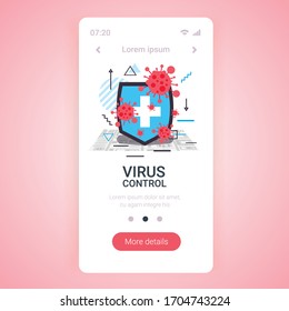 security shield protection control of viruses and bacteria stop coronavirus covid-19 concept smartphone screen mobile app copy space vector illustration