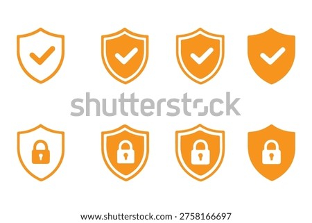 Security shield protection icon collection featuring lock, unlock, and checkmark authentication signs, data safety defense, privacy security, and cybersecurity vector
