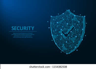 Security shield. Safety concept made by points and lines, polygonal wireframe mesh on night sky, dark blue background. Vector illustration.