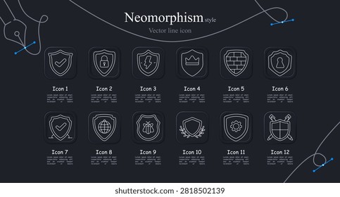 Security shield set icon. Neomorphism collection with verification marks, locking systems, lightning protection, royal emblems, defensive barriers, cybersecurity safeguarding graphics.