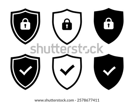 Security shield sign icons vector set. Lock security icons collection. Symbols with check mark and padlock. Safety and protection signs