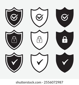 Security shield sign illustration, Lock security icon, Set of security shield icons, security shields symbols with check mark and padlock