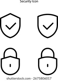 Sicherheitsschild Umriss Vektorgrafik, Sicherheitssymbol sperren. Satz von Sicherheitsschild-Symbolen mit Häkchen und Vorhängeschloss, Schild-Sicherheitssymbol, Sicherheits- und Schutzzeichen