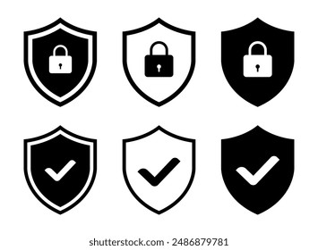 Ilustración vectorial de la señal del escudo de seguridad, Icono de seguridad de bloqueo, Conjunto de iconos del escudo de seguridad, símbolos de escudos de seguridad con marca de verificación y candado, Icono de seguridad de escudo, Seguridad, señal de protección