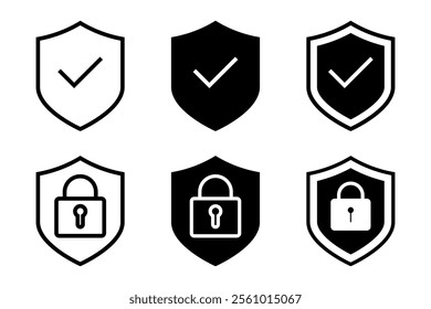 Security shield sign vector illustration, Lock security icon, Set of security shield icons, securityshields symbols with check mark and padlock, Shield security